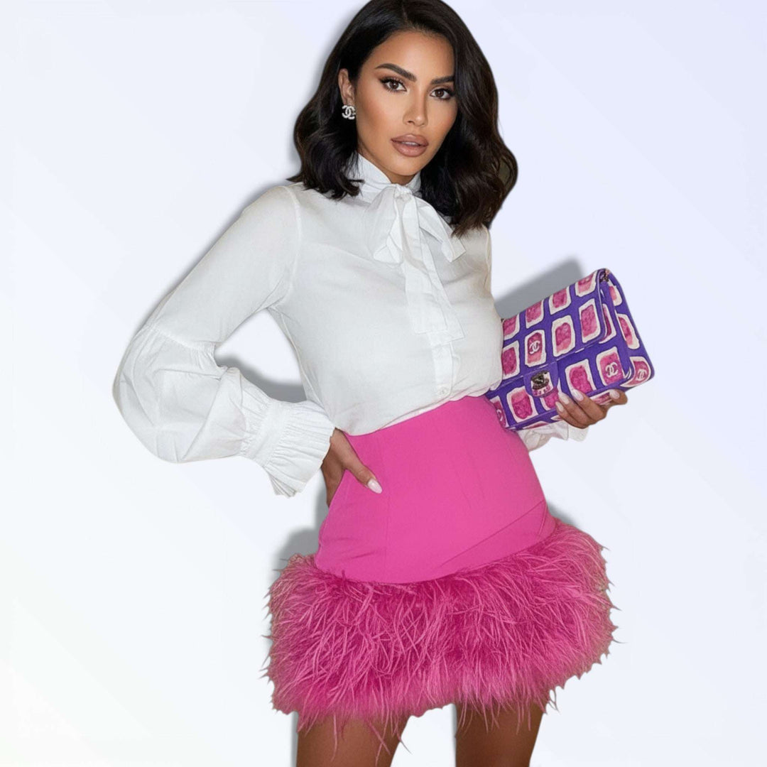 VARESE — SAIA CURTA COM PLUMAS ROSA