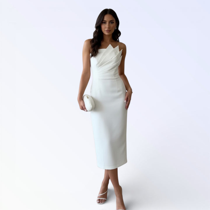 LILIUM — VESTIDO MIDI OMBRO FRANZIDO BRANCO