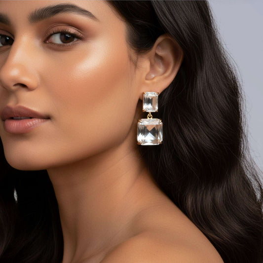 CRYSTAL — BRINCOS DROP QUADRADO CRISTAL OURO