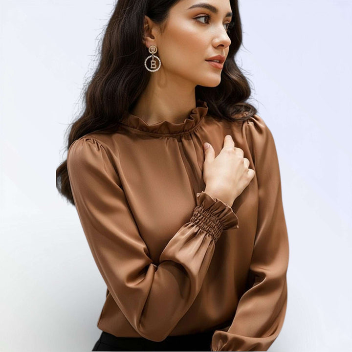 MELISSA — Blusa Seda Ouro Gola Volante Bufante