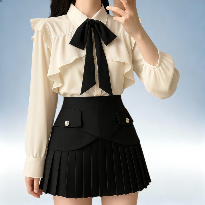 ÚRSULA — Camisa com Folhos e Laço Gola Polo | Elegância Romântica