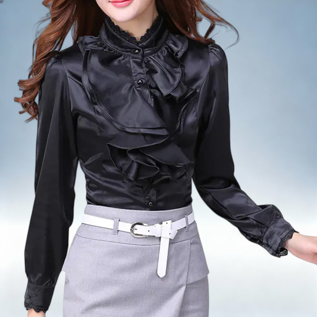 NINA — Camisa Rosa Gola Folhos Manga Comprida em Tecido Premium | Elegância Romântica