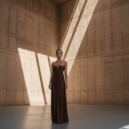 RITMO | Vestido maxi plisado en tono chocolate