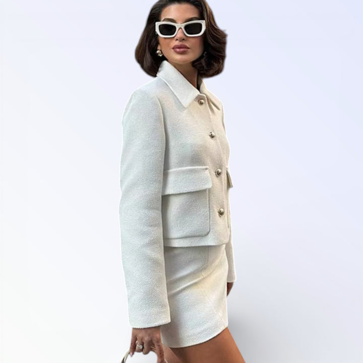 BLANC — Conjunto Casaco e Saia Tweed Branco Ouro