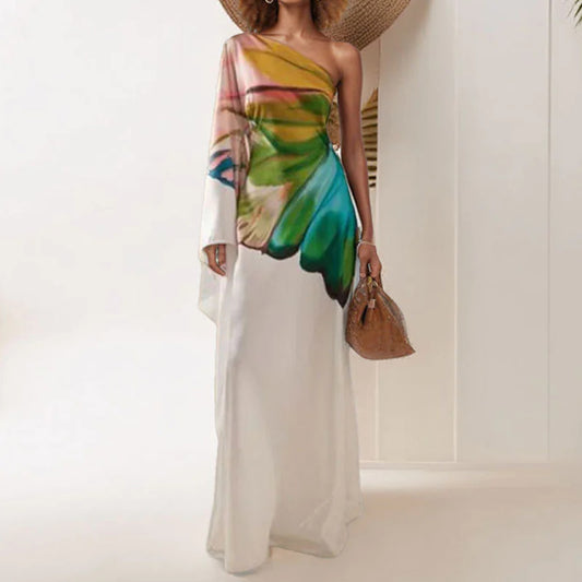 INSIGNIA | Vestido maxi asimétrico de satén con estampado