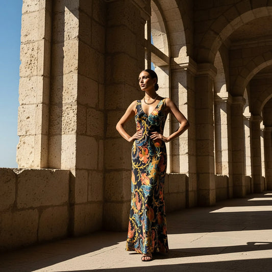 PATRÍMÓNIO | Vestido Maxi em Seda Mulberry com Estampado de Herança e Decote em V